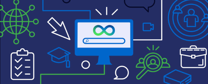 Simple geometric illustration with computer, infinity symbol to represent neurodiversity, with various outlined career icons against navy blue background.